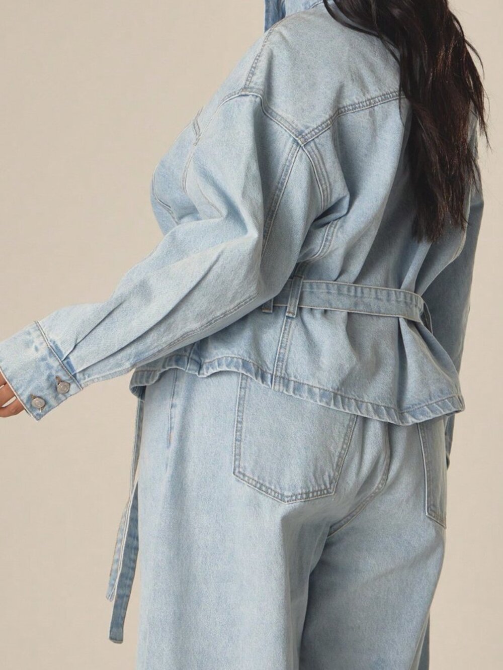 Blue Casual Women's Plus Size High Neck Zip Button Front Denim Jacket - Picture 4 of 5